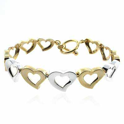 18K Gold over Sterling Silver Two-Tone Open Hearts Link Bracelet