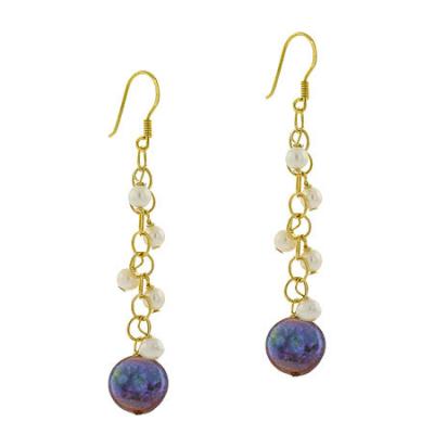 18K Gold over Sterling Silver Freshwater Cultured Peacock & White Coin Pearl Dangle Earrings