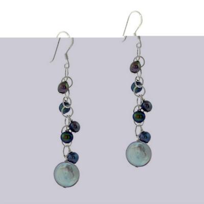 Sterling Silver .925 Iridescent Genuine Gray Black Freshwater Cultured Coin Pearl Round Dangle Hook Rolo Link Chain Earrings