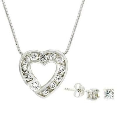 Sterling Silver CZ Heart Pendant and Stud Earrings Set