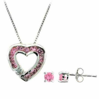Sterling Silver Pink cz Heart Pendant and Stud Earrings Set