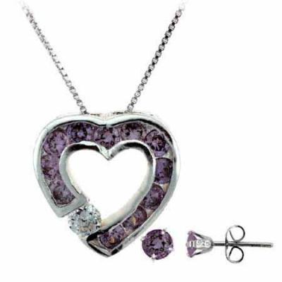 Sterling Silver Amethyst CZ Heart Pendant and Stud Earrings Set