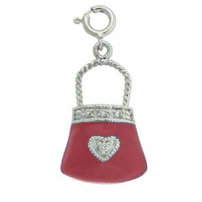 Sterling Silver Simulated Diamond CZ Red Enamel Purse Pendant and Charm