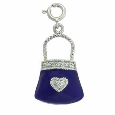 Sterling Silver Simulated Diamond CZ Blue Enamel Purse Pendant and Charm