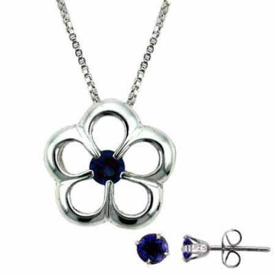Sterling Silver Tanzanite CZ Flower Necklace & Stud Earrings Set