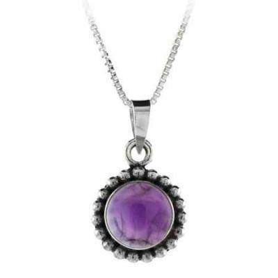 Sterling Silver Cabochon Amethyst Bali Beaded Circle Pendant