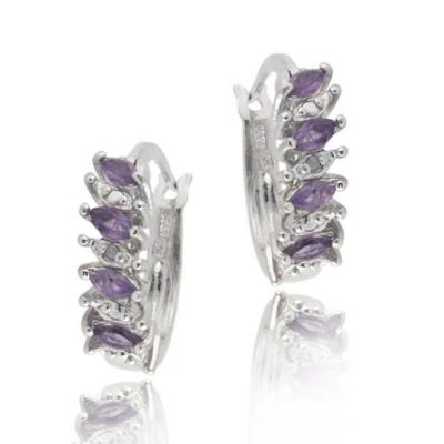 Sterling Silver .925 Genuine Amethyst Stone Marquise Cut Genuine Diamond Accent Hoop Earrings