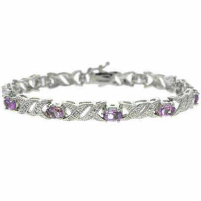 Sterling Silver Genuine Amethyst and Diamond Accent  X and Oval Pattern Bracelet