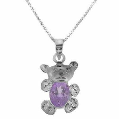 Sterling Silver Genuine Amethyst Stone Teddy Bear Pendant