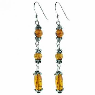 Sterling Silver Amber & Bali Bead Dangle Earrings