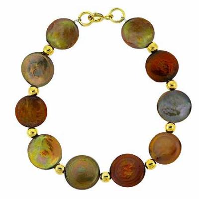 18K Gold over Sterling Silver Freshwater Green, Chocolate, & Champagne Coin Pearls & Beads Bracelet