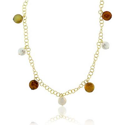 18K Gold over Sterling Silver White, Gold, & Amber Freshwater Cultured Coin Pearl Dangle Necklace