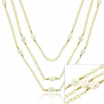 18K Gold over Sterling Silver Freshwater Cultured Pearl Three Strand Necklace