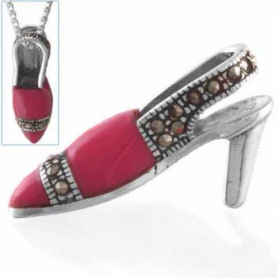Sterling Silver Marcasite Pink High Heel Shoe Pendant