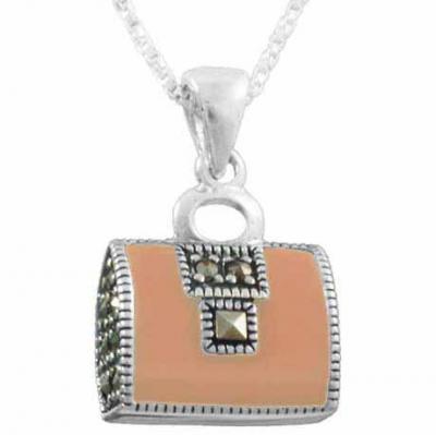 Sterling Silver Marcasite Pink Purse Pendant