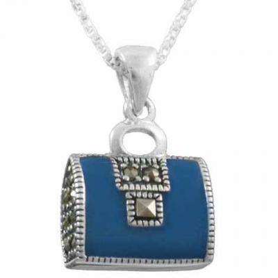 Sterling Silver Marcasite & Blue Enamel Purse Pendant