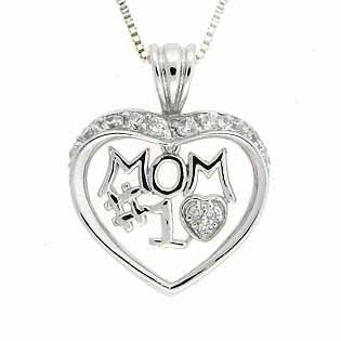 Sterling Silver CZ Dangling 'MOM #1' Open Heart Pendant