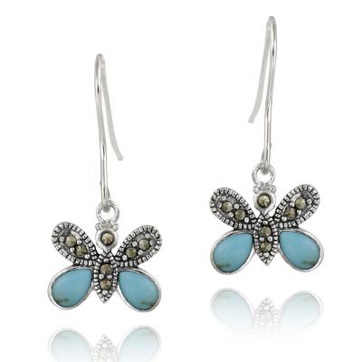 Sterling Silver Marcasite & Created Turquoise Butterfly Earrings