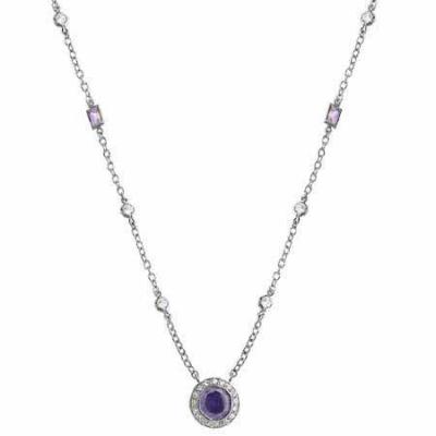 Sterling Silver Simulated Diamond and Simulated Amethyst cz Rolo Link Necklace