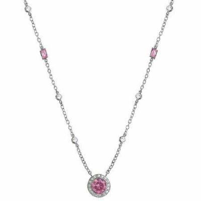 Sterling Silver Pink & Clear CZ Pendant & Station Necklace