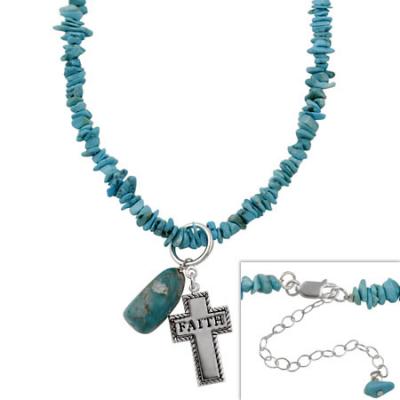 Sterling Silver & Genuine Turquoise Chip Religious Inspirational Necklace