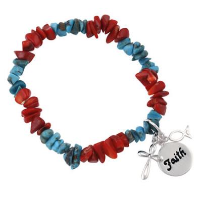 Sterling Silver Turquoise & Coral Chip Inspirational Stretch Bracelet