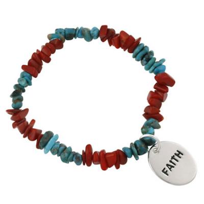 Sterling Silver Turquoise & Coral Chip Inspirational Stretch Bracelet