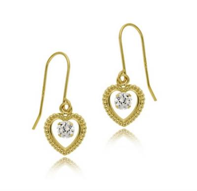 14k Gold CZ Heart Dangle Earrings