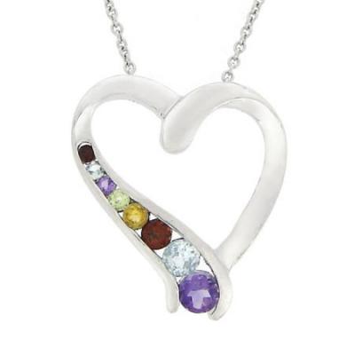 Sterling Silver Open Heart Multi Color Gemstone Journey Pendant