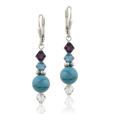Sterling Silver Created Turquoise & Swarovski Elements Dangle Leverback Earrings