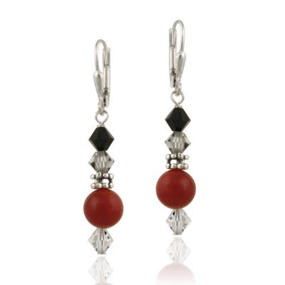 Sterling Silver Coral & Swarovski Elements Dangle Leverback Earrings