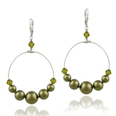 Sterling Silver Light Green Swarovski Pearl & Crystal Dangle Wire Leverback Earrings