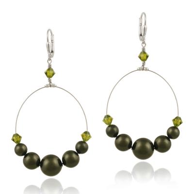 Sterling Silver Green Swarovski Pearl & Crystal Dangle Wire Leverback Earrings