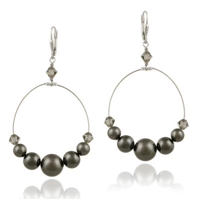 Sterling Silver Dark Gray Swarovski Pearl & Crystal Dangle Wire Leverback Earrings