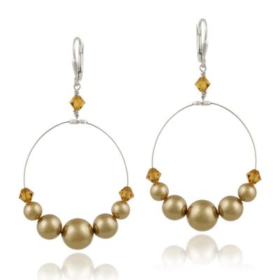 Sterling Silver Gold Swarovski Pearl Elements & Crystal Dangle Wire Leverback Earrings