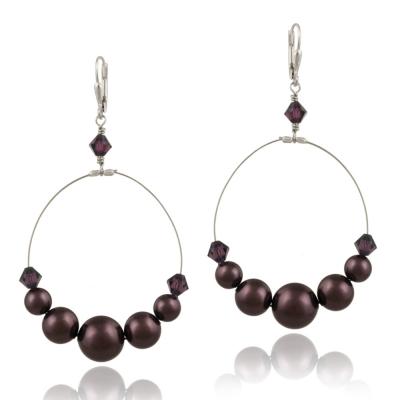 Sterling Silver Burgundy Swarovski Pearl & Crystal Dangle Wire  Earrings