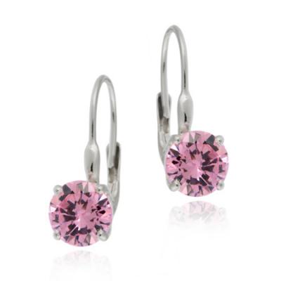 Sterling Silver Round Pink CZ Leverback Earring