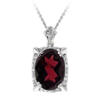 Rhodium Plated 7ct Garnet & CZ Oval Necklace