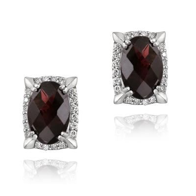Rhodium Plated 7.5ct Garnet & CZ Oval Earrings