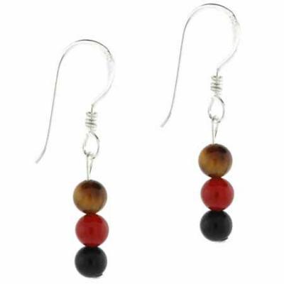 Sterling Silver Cats Eye, Onyx, and Carnelian Bead Dangle Earrings