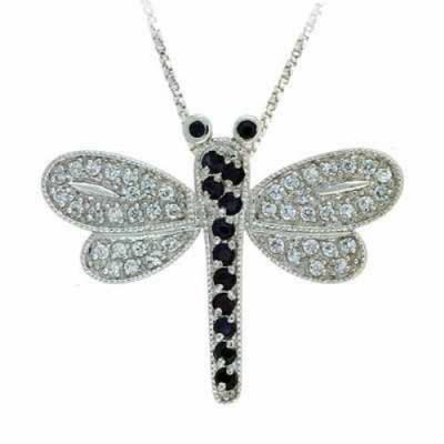 Black Genuine Sapphire and Simulated Diamond CZ DragonFly Silver Slide Pendant