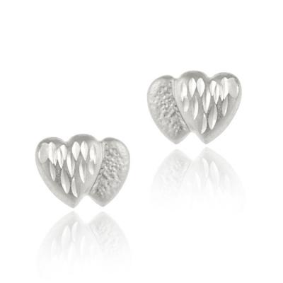 14k White Gold Double Heart Diamond Cut Stud Earrings