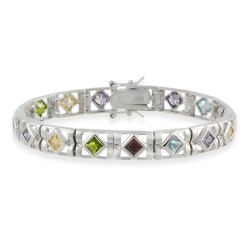 Sterling Silver Link Purple, Light Blue, Red, Green, and Light Yellow Multi Color Stone Bracelet