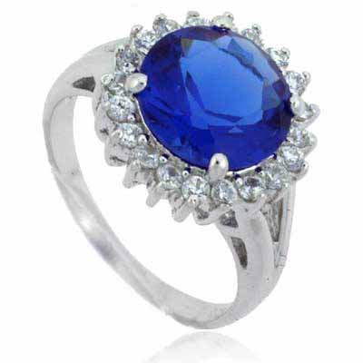 Sterling Silver Round Tanzanite CZ & Clear CZ Border Ring Size 8
