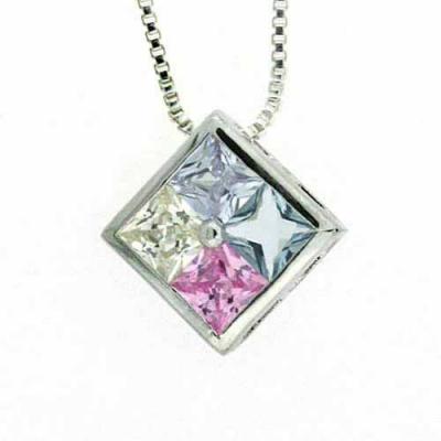 Sterling Silver Multi Color Pink, Light Yelllow,Lavender, and Light Blue CZ Colorful Square Pendant
