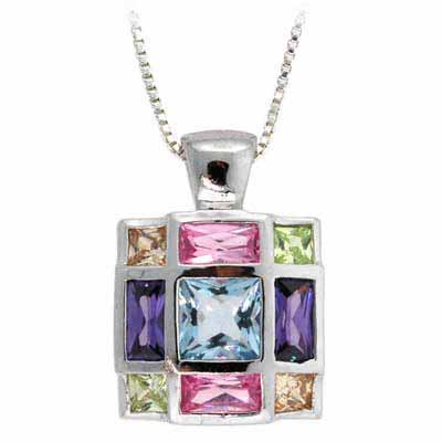 Sterling Silver Multi Color CZ Square Pendant