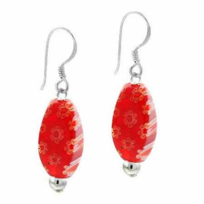 Sterling Silver Red Millefiori Murano Glass Oval Bead Earrings