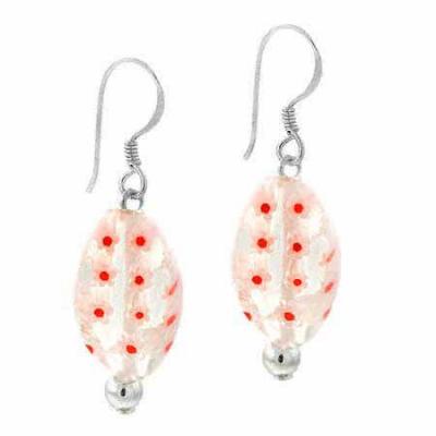 Sterling Silver White & Red Murano Glass Oval Bead Millefiori  Earrings