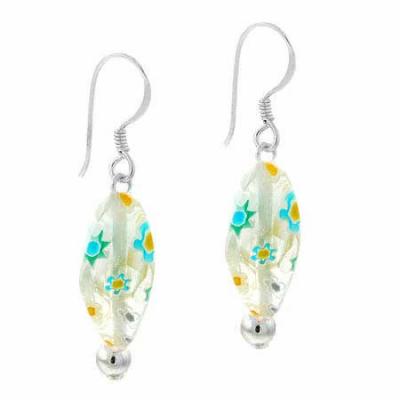Sterling Silver White & Blue Millefiori Murano Glass Oval Bead  Earrings