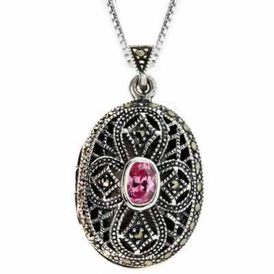 Sterling Silver Pink CZ & Marcasite Cross Vintage Pendant